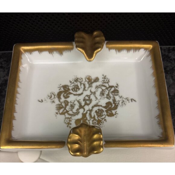 Vintage Porcelain Gold-Trim Ashtray Dish With Floral Design France Hand Painted - Picture 7 of 11